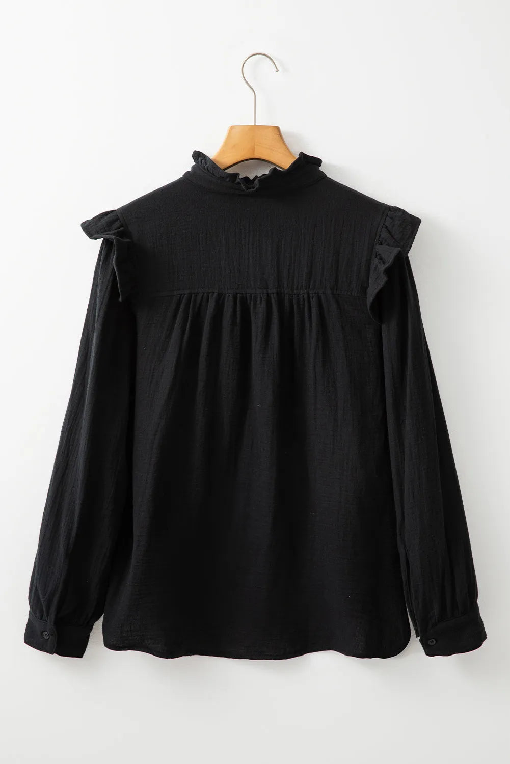 Black Textured Ruffled Trim Buttoned Loose Fit Shirt - Chic Meadow Boutique 