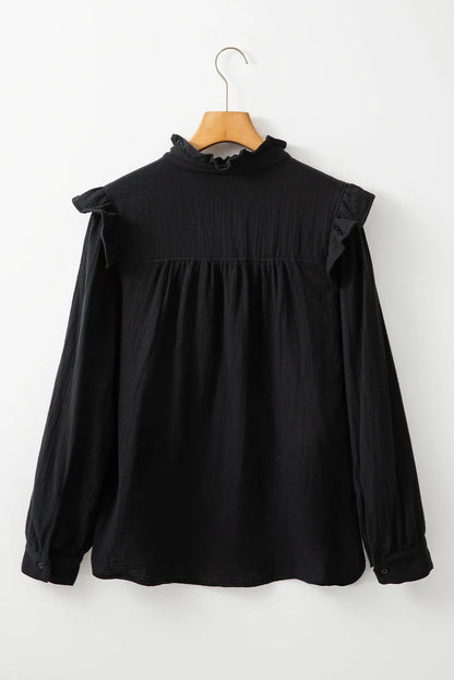 Black Textured Ruffled Trim Buttoned Loose Fit Shirt - Chic Meadow Boutique 