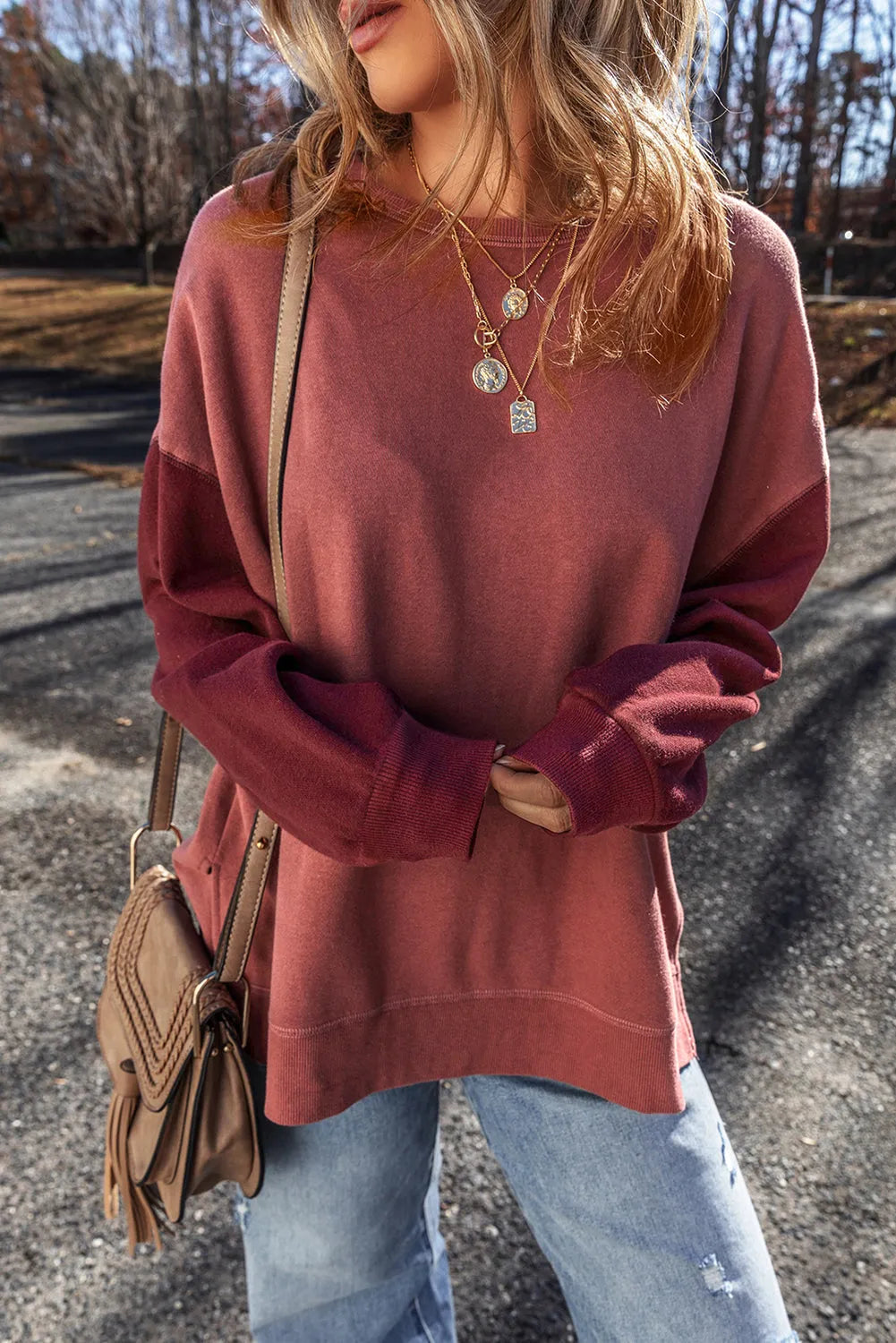 Mineral Red Two Tone Patchwork Drop Shoulder Pullover Sweatshirt - Chic Meadow Boutique 