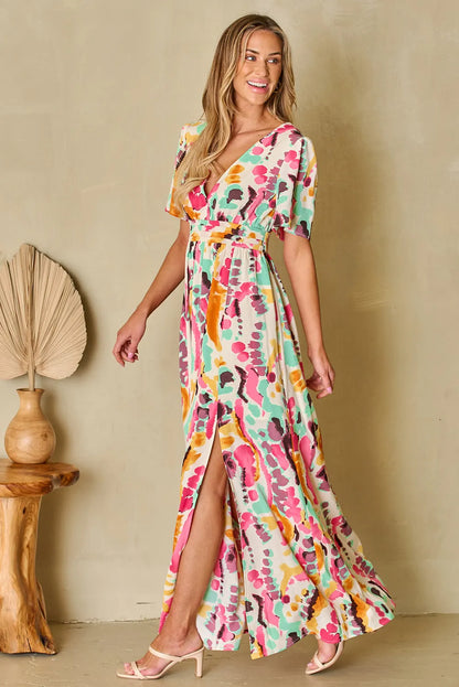 Pink Boho Tie-dye Print V Neck Maxi Dress - Chic Meadow Boutique 