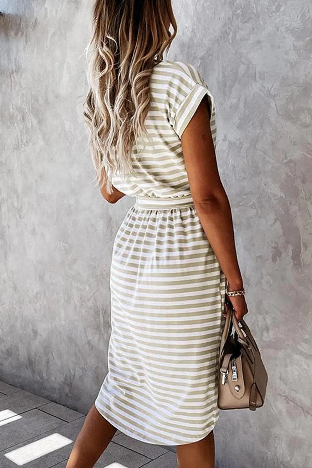 Dresses/T Shirt Dresses Khaki Stripe Short Sleeve Belted Wrapped Hemline T-Shirt Dress