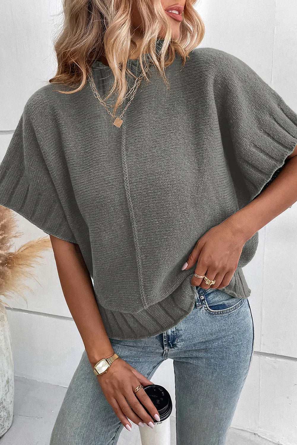 Medium Grey Mock Neck Batwing Short Sleeve Knit Sweater - Chic Meadow Boutique 