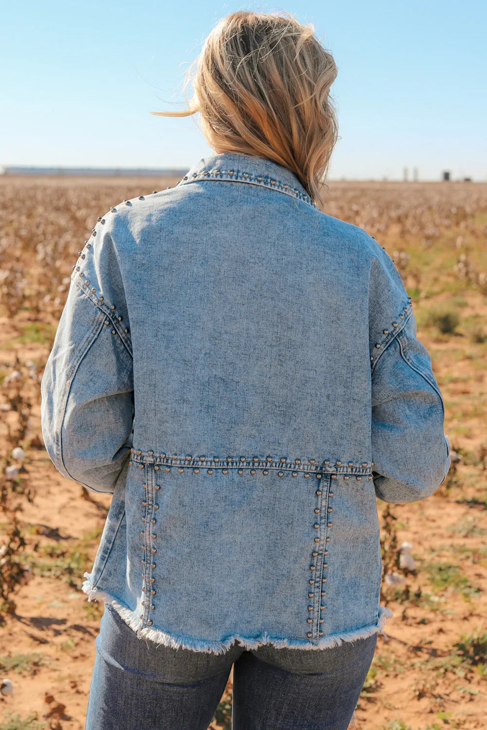 Sky Blue Studded Acid Wash Denim Jacket - Chic Meadow Boutique 