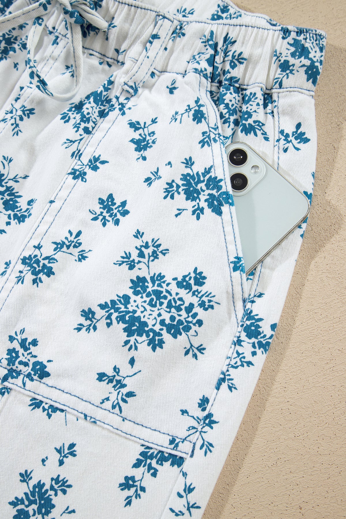 Sky Blue Floral Print Tie Waist Straight Leg Jeans