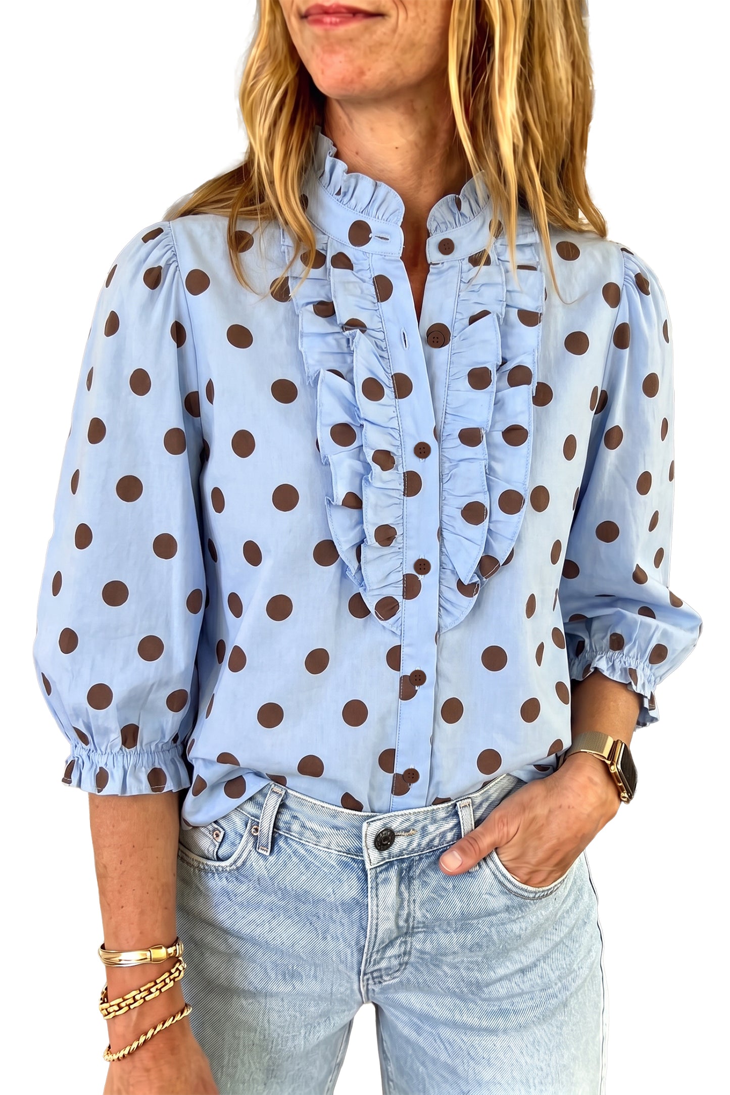 Sky Blue Polka Dot Print Ruffle Stand Neck 3/4 Sleeve Shift Shirt