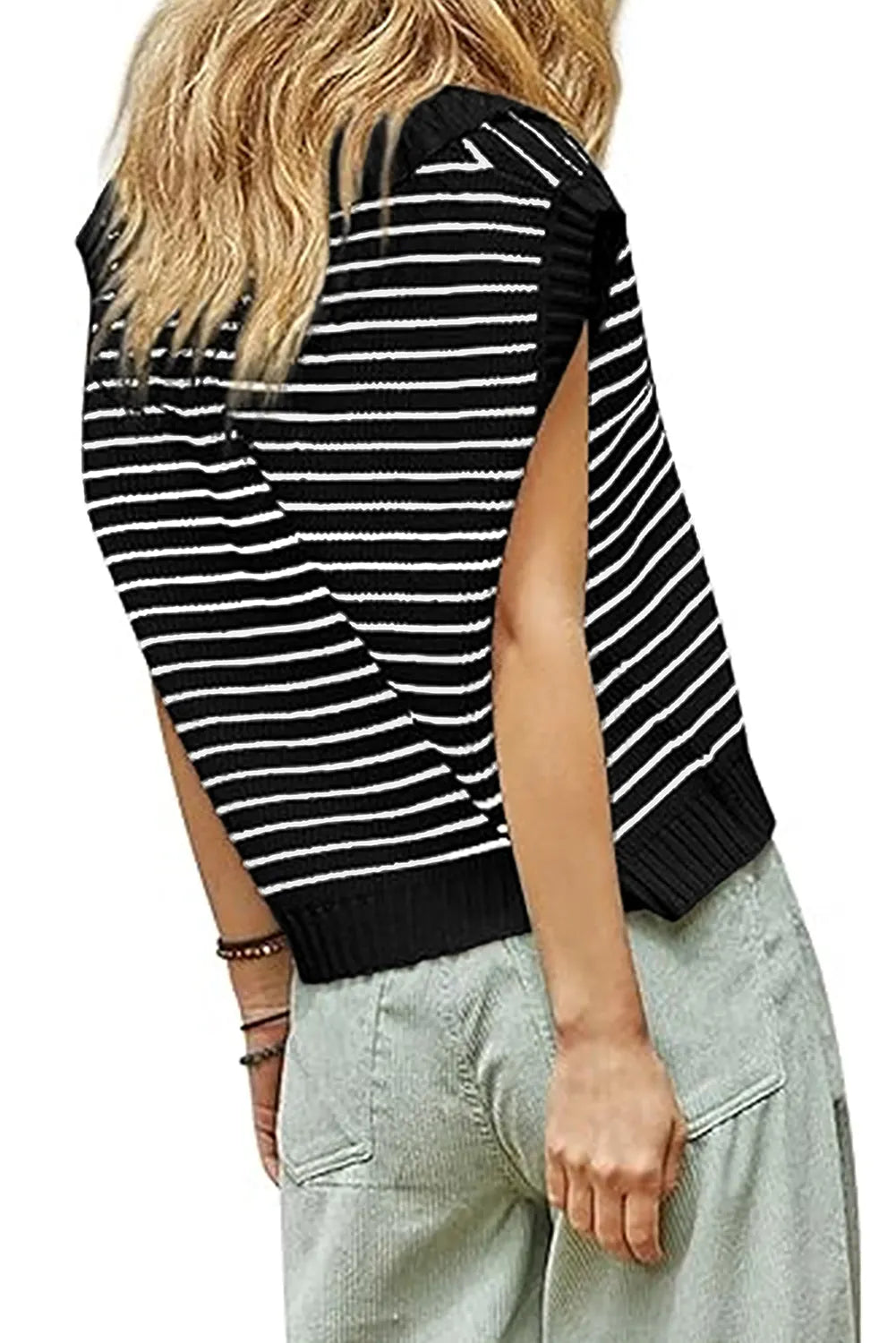 Black Stripe Turn-down V Neck Sweater Tank Top - Chic Meadow Boutique 