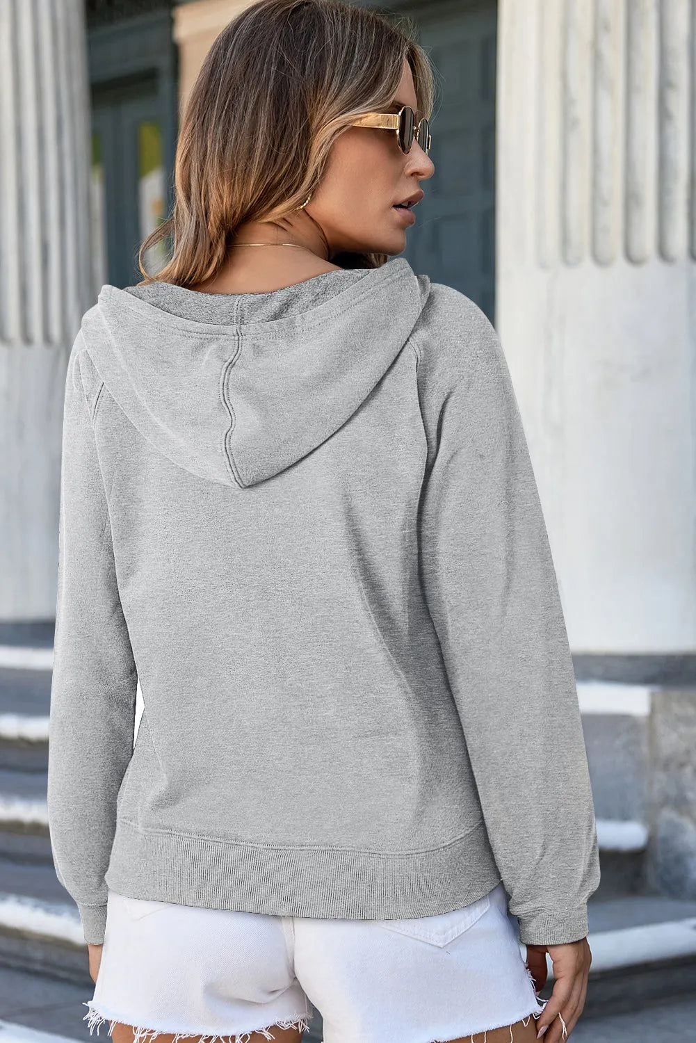 Light Grey Solid Color Fleece Lined Zip up Hoodie - Chic Meadow Boutique 