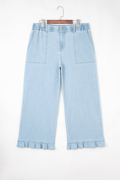 Beau Blue Plus Size Elastic Waist Ruffled Wide Leg Denim Pants