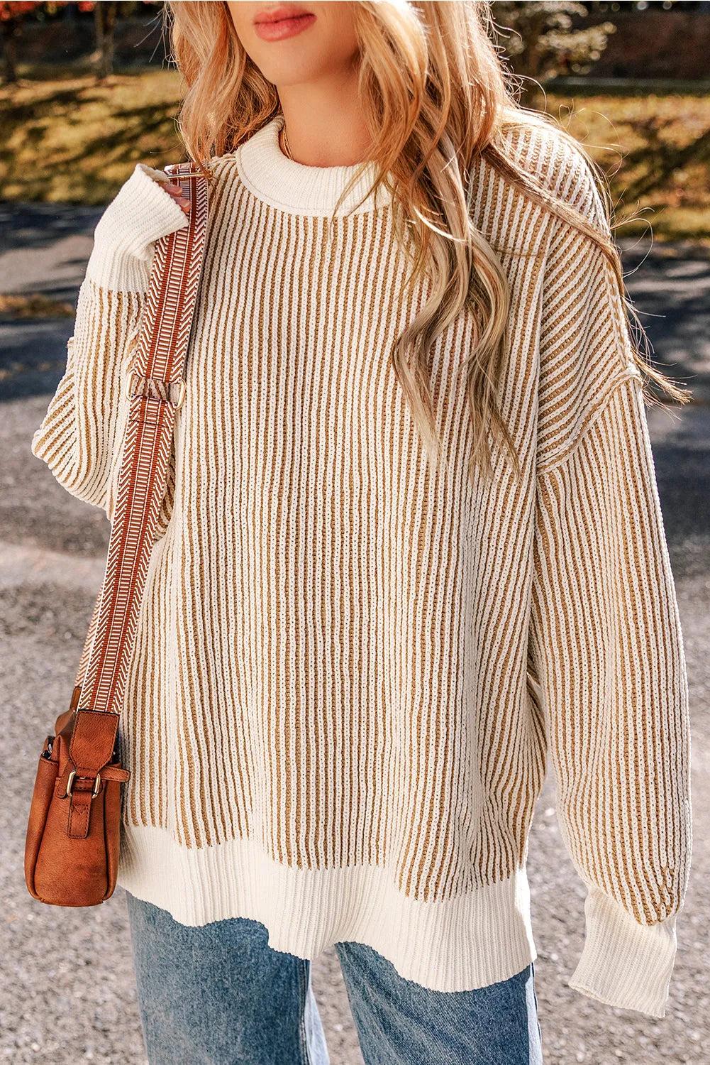 Chestnut Striped Textured Knit Contrast Edge Loose Sweater - Chic Meadow Boutique 