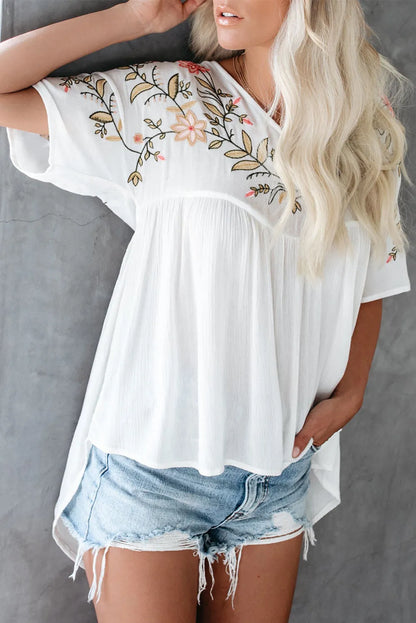 White Floral Embroidered V Neck Crinkle Babydoll Blouse - Chic Meadow Boutique 