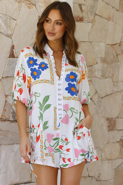 White Floral Print Split Neck Pocketed Shirt Collar Romper - Chic Meadow Boutique 