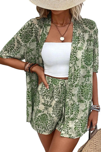 Two Piece Sets/Short Sets Green Vintage Floral Print Open Top and Shorts Outfit