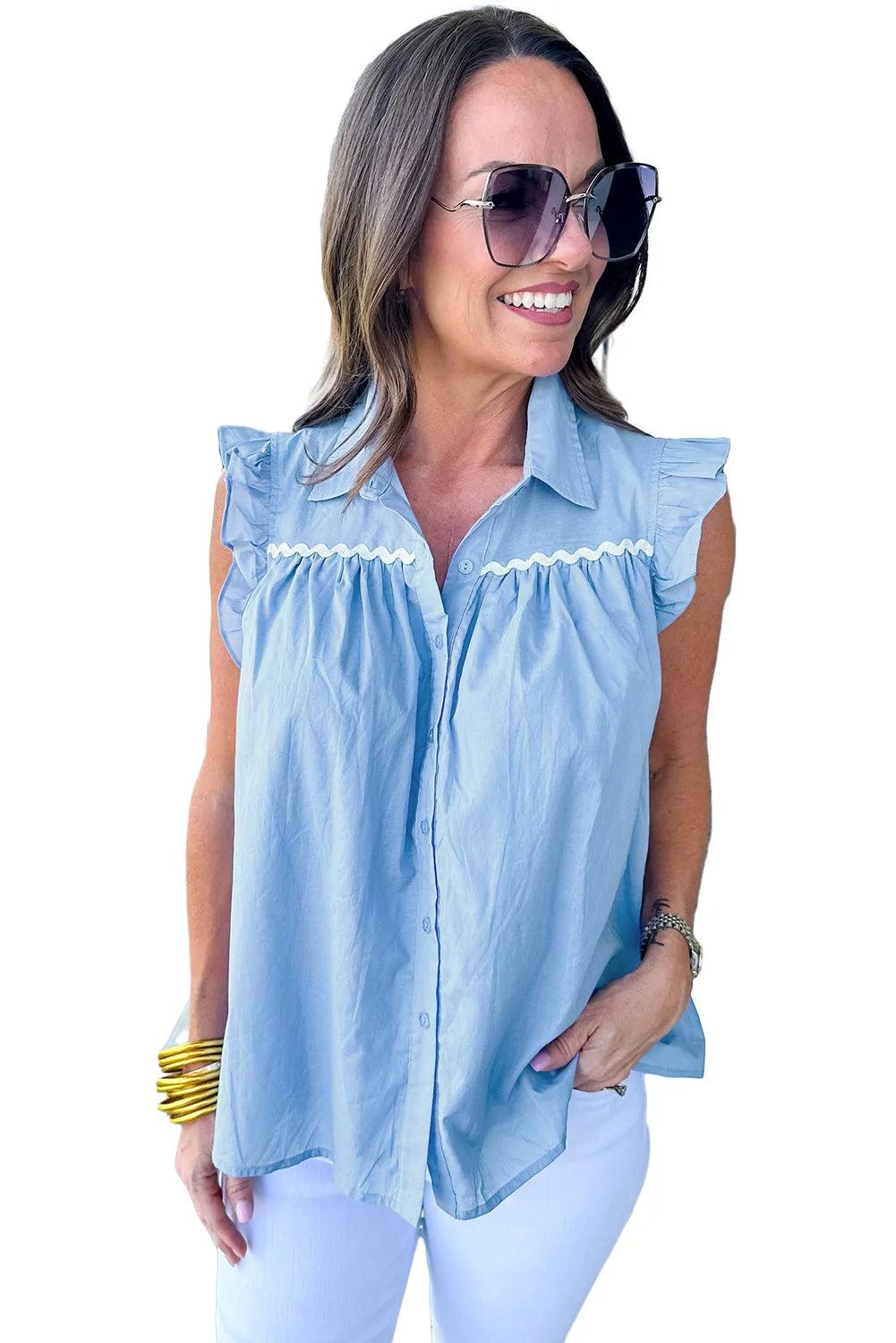 Sky Blue Ric Rac Trim Frilly Sleeveless Shirt - Chic Meadow Boutique 