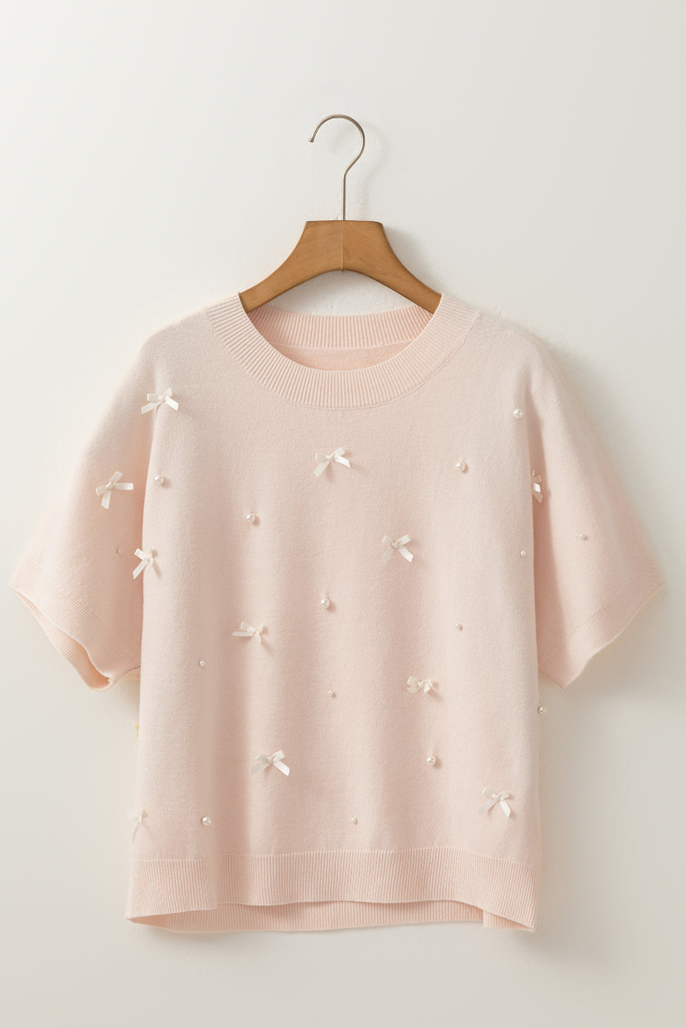 Oatmeal Pearl Bow Embellished Dolman Short Sleeve Sweater