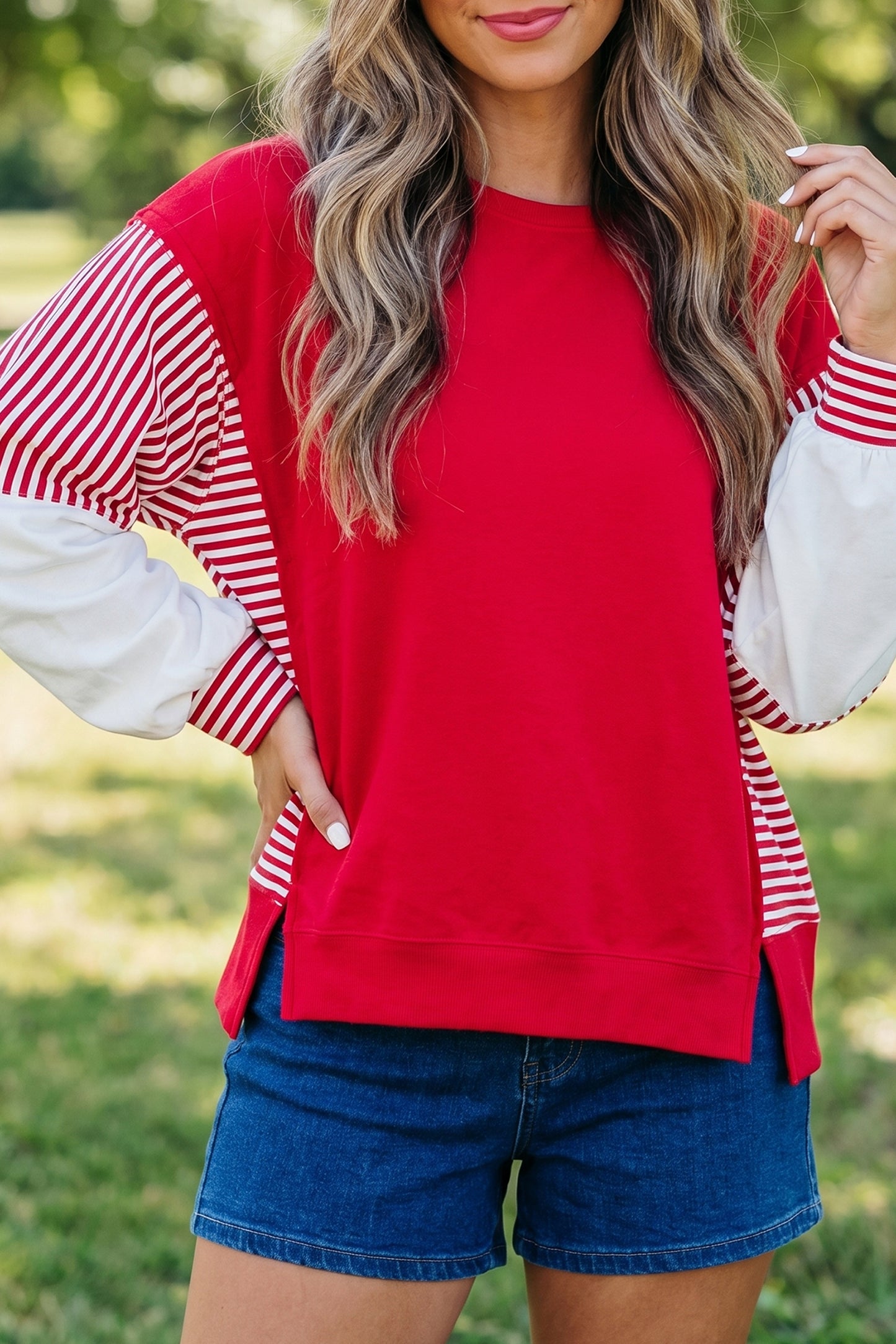 Fiery Red Striped Patchwork Sleeve Colorblock Sweatshirt