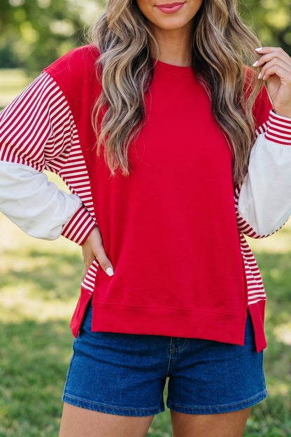 Fiery Red Striped Patchwork Sleeve Colorblock Sweatshirt