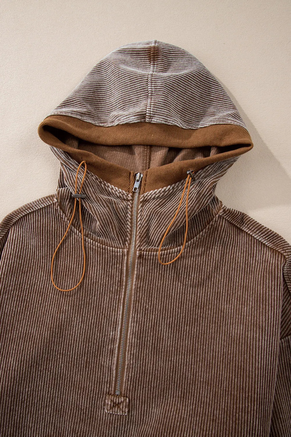 Chestnut Half Zipper Kangaroo Pocket Drawstring Corduroy Hoodie - Chic Meadow Boutique 