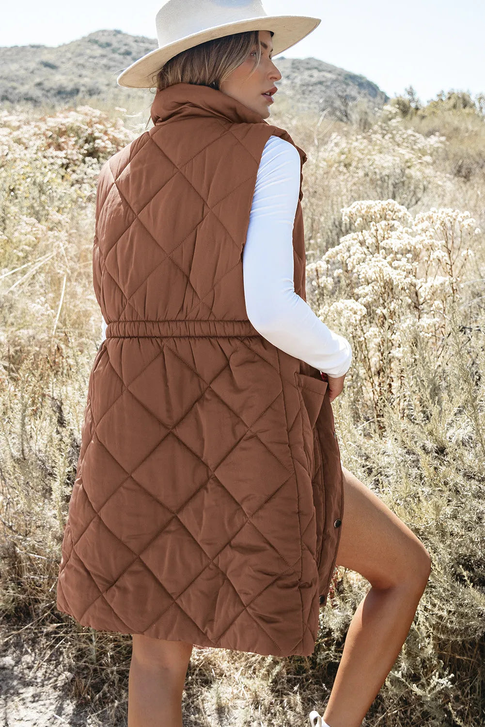 Coffee Longline Quilted Stand Collar Puffer Vest - Chic Meadow Boutique 