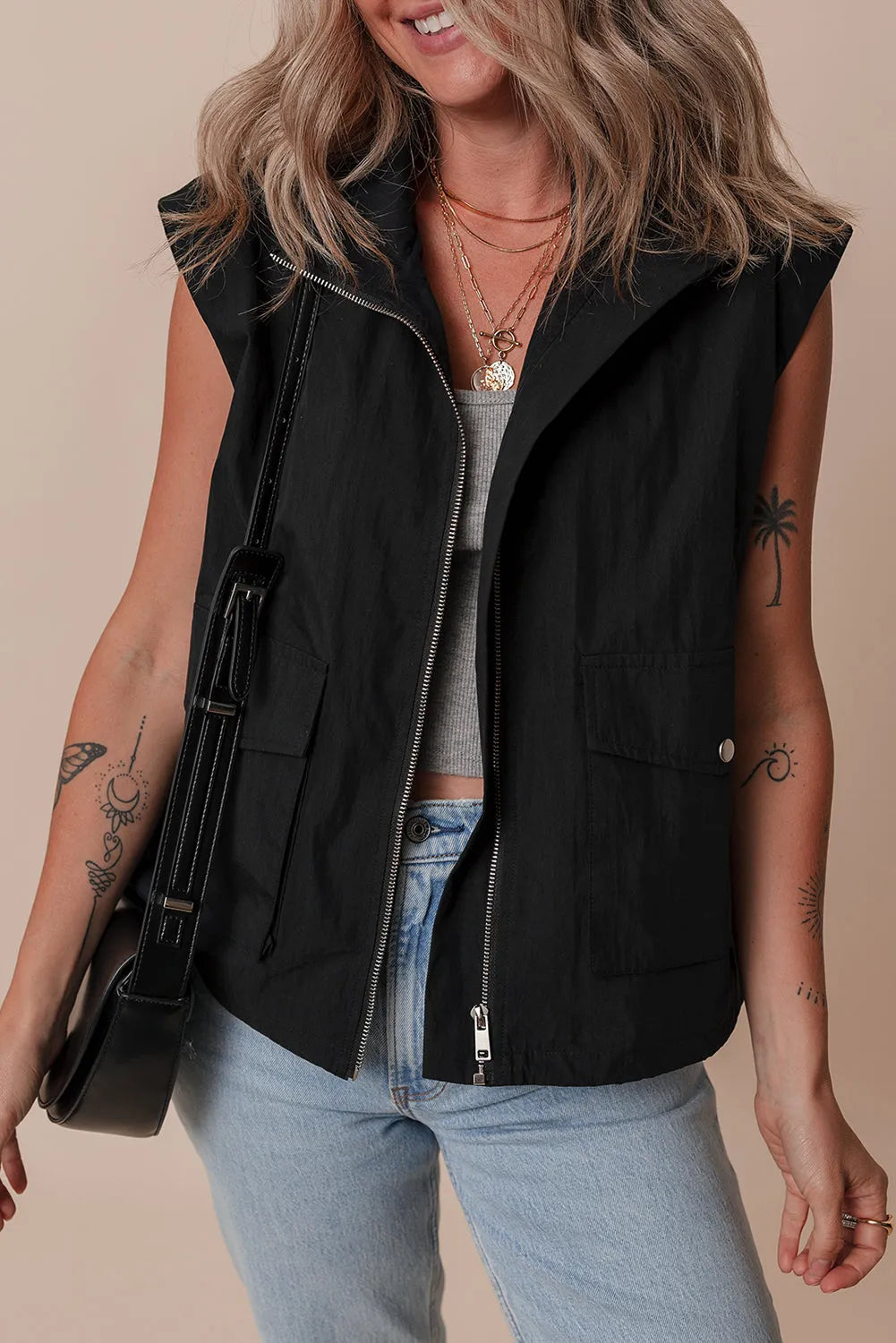 Black Flap Pockets Zip Up High Neck Vest - Chic Meadow Boutique 