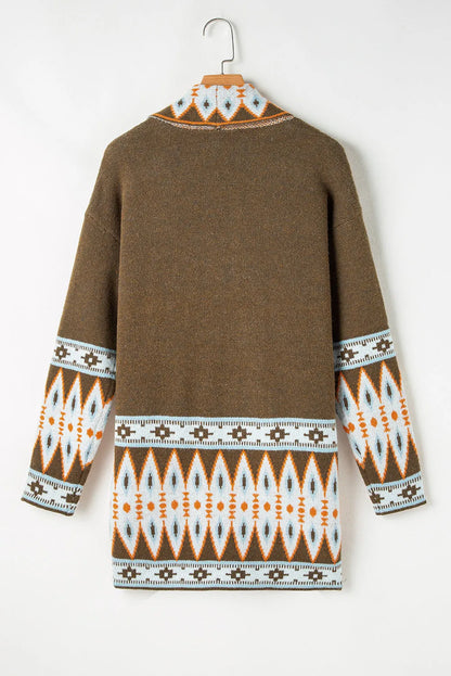 Brown Aztec Print Open Front Knitted Cardigan - Chic Meadow Boutique 