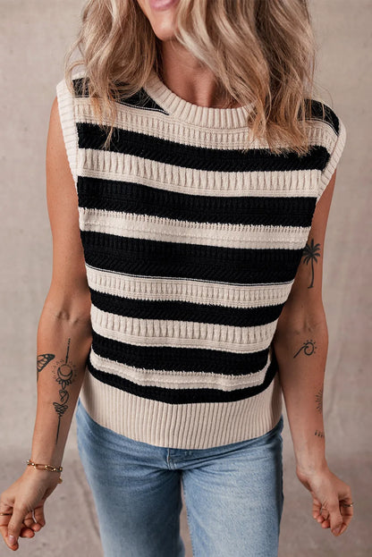 Black Stripe Ribbed Trim Knitted Sweater Vest - Chic Meadow Boutique 