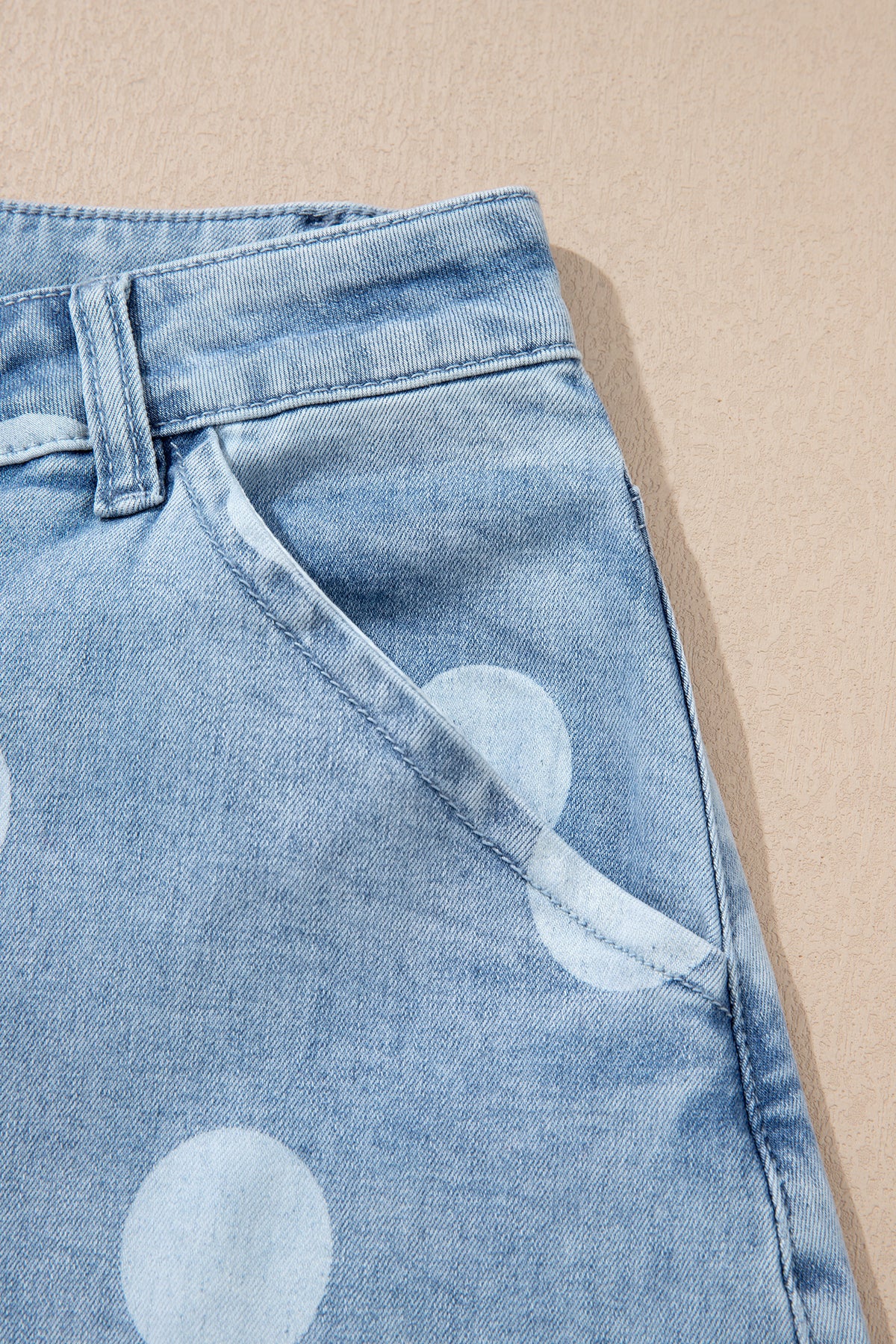 Sky Blue Polka Dot Ankle-Length Metal Button Casual Jeans