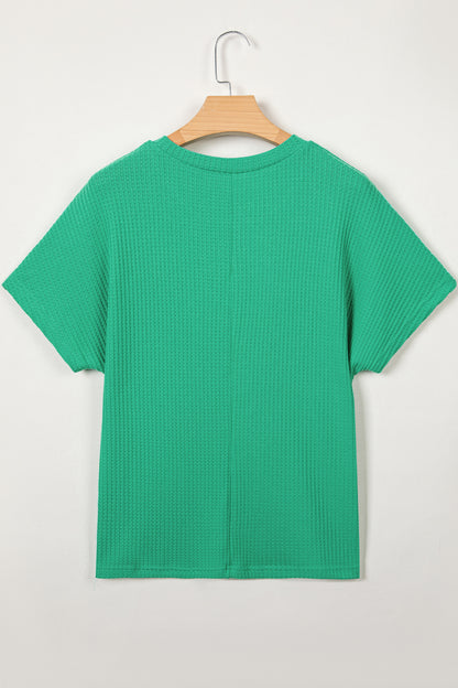 Sea Green Waffle Textured Knit Dolman Short Sleeve Loose Top