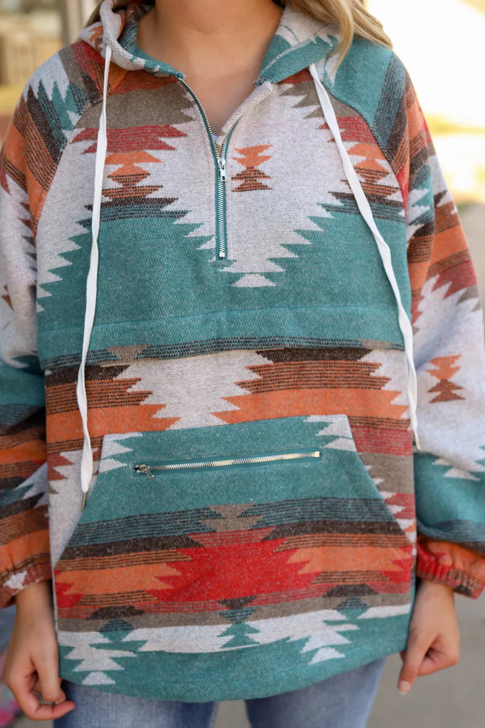 Tops/Sweatshirts & Hoodies Multicolor Aztec Print Zipped Split Neck Hoodie