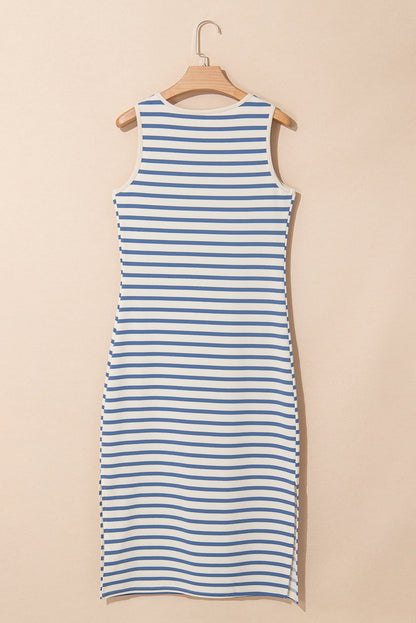 Sky Blue Stripe Tie V Neck Sleeveless Side Slit Midi Dress