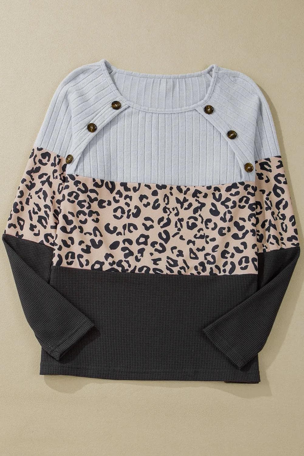 Tops/Long Sleeve Tops Gray Cheetah Textured Patchwork Buttoned Round Neck T Shirt