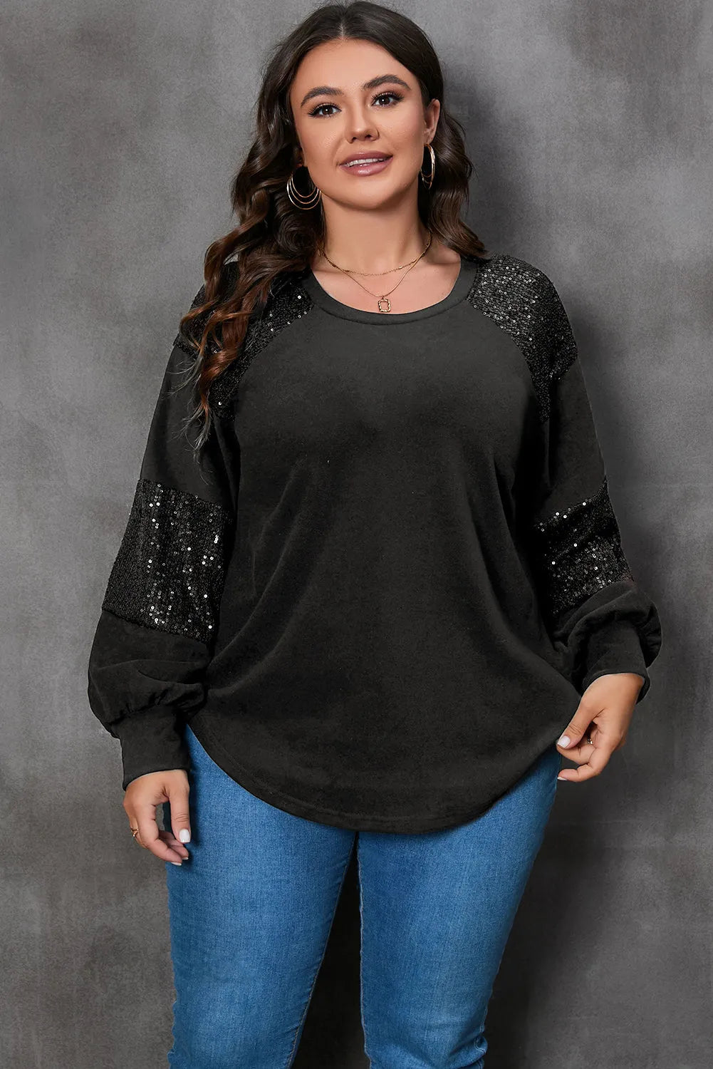 Black Plus Size Sequin Patchwork Crew Neck Long Sleeve Top - Chic Meadow Boutique 