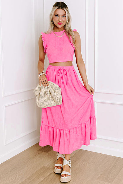 Bonbon Textured Ruffle Trim Crop Vest Lace-up Long Skirt Set