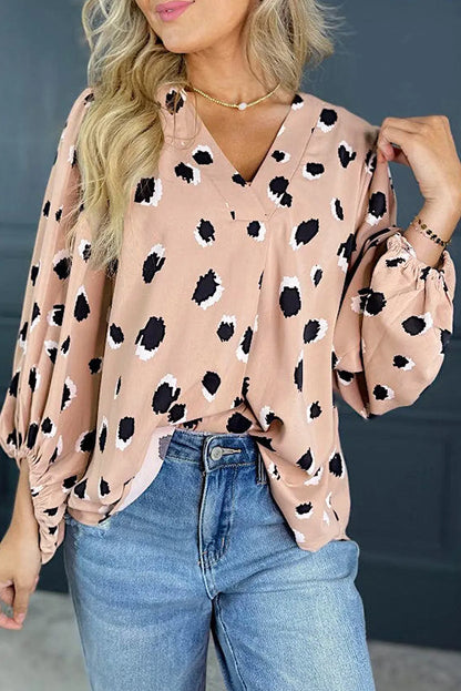 Khaki Classic Leopard V Neck Bracelet Sleeve Blouse - Chic Meadow Boutique 