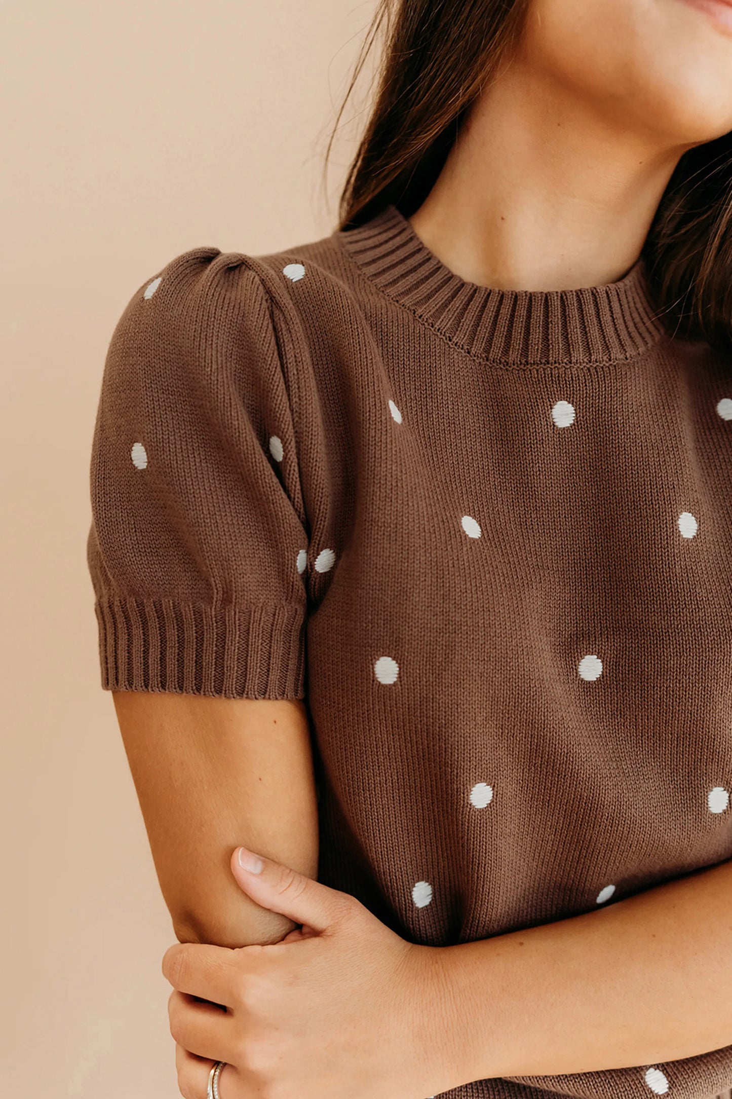 Chestnut Elegant Polka Dot Bubble Short Sleeve Sweater