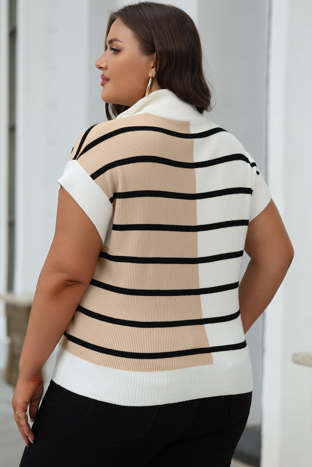 Black Stripe Colorblock Quarter Zip Collar Sweater Vest