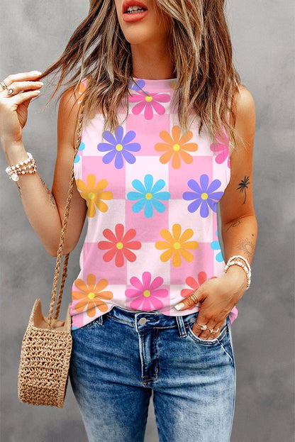 Pink Floral Print Round Neck Sleeveless Top - Chic Meadow Boutique 