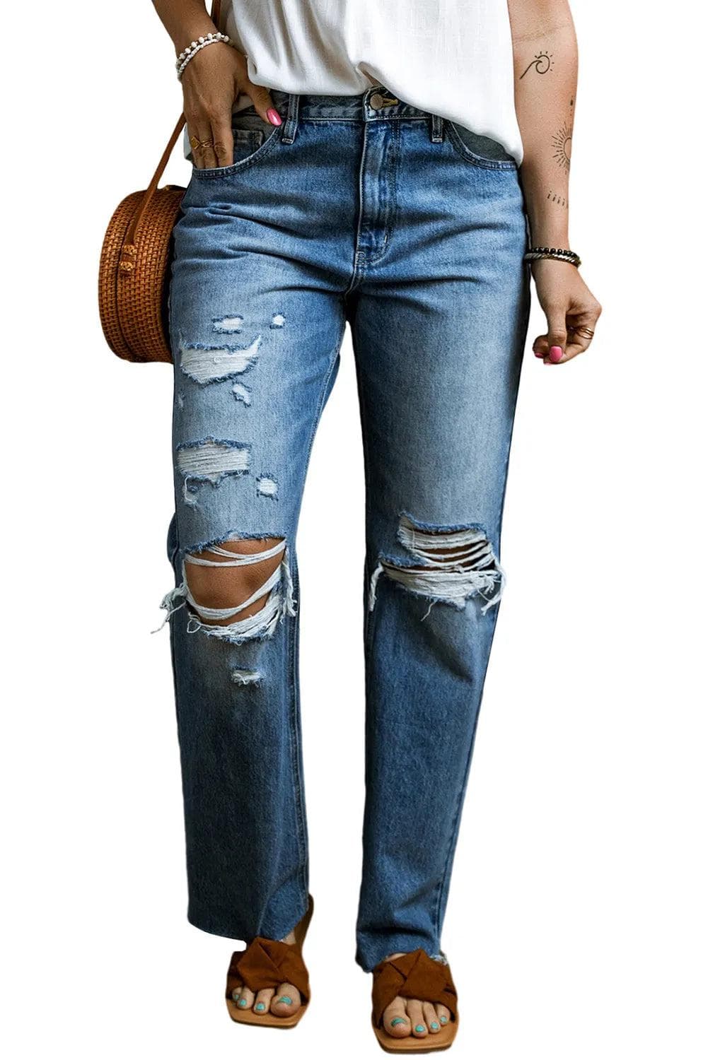 Bottoms/Jeans Light Blue Distressed Holes Raw Edge Straight Jeans