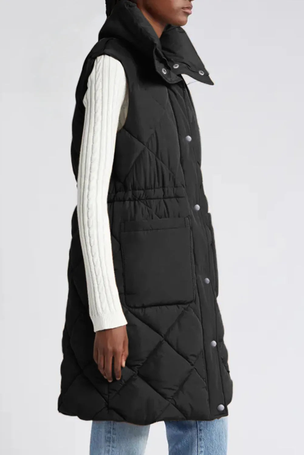 Black Longline Quilted Stand Collar Puffer Vest - Chic Meadow Boutique 