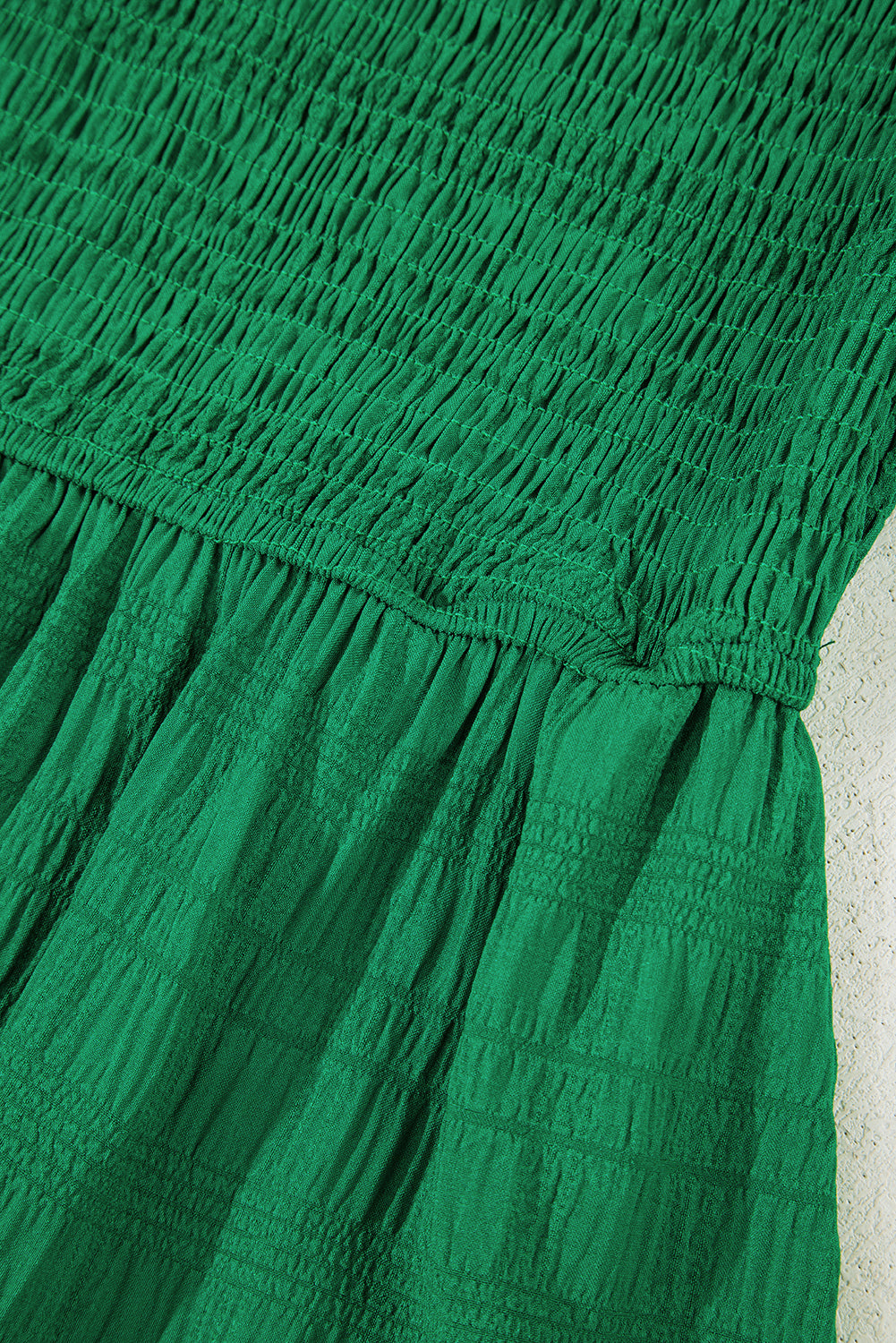 Dark Green Solid Textured Smocked Puff Short Sleeve High Waist Long Dress