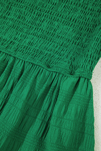 Dark Green Solid Textured Smocked Puff Short Sleeve High Waist Long Dress
