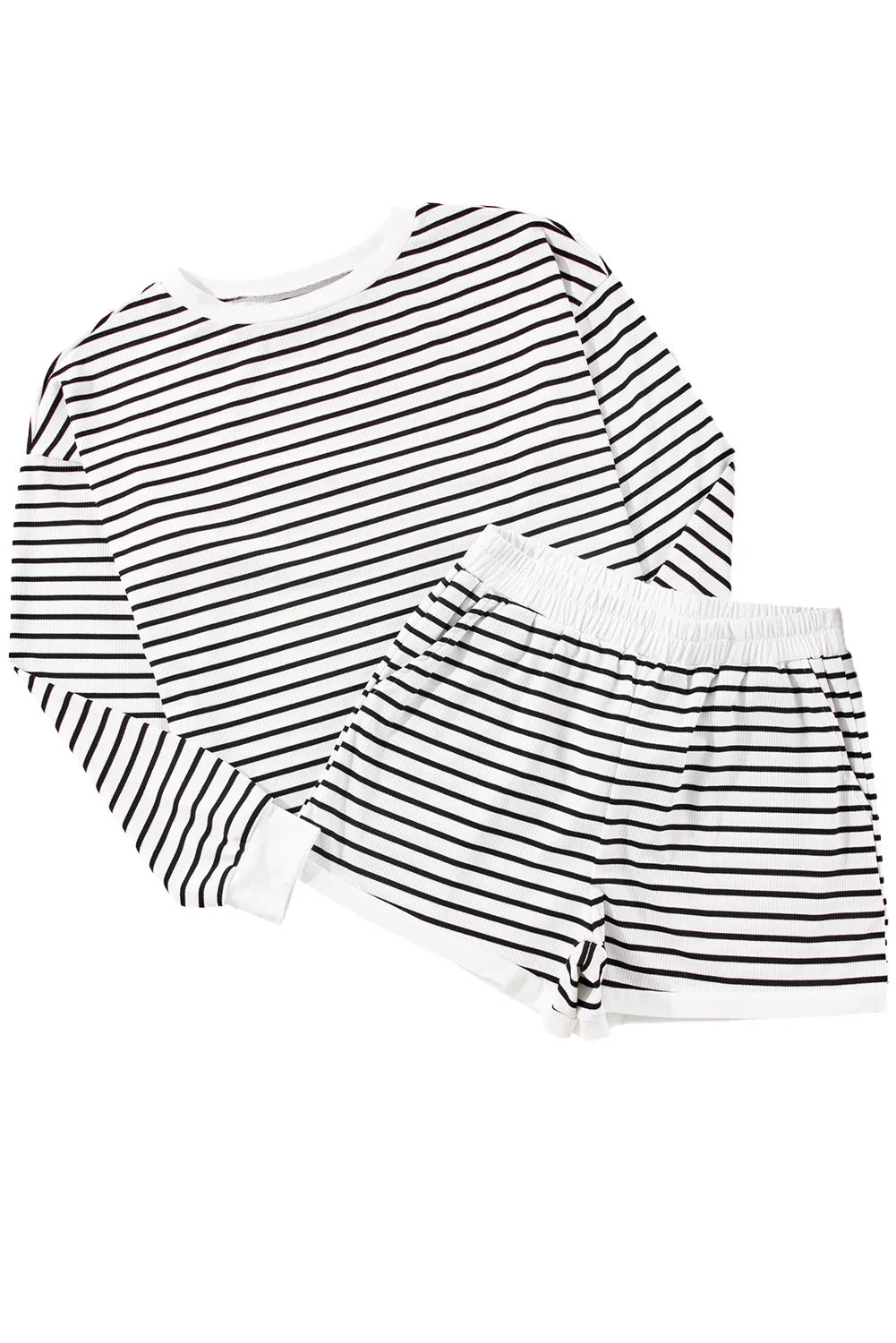 Black Stripe Textured 3/4 Sleeve Top and Shorts Set - Chic Meadow Boutique 