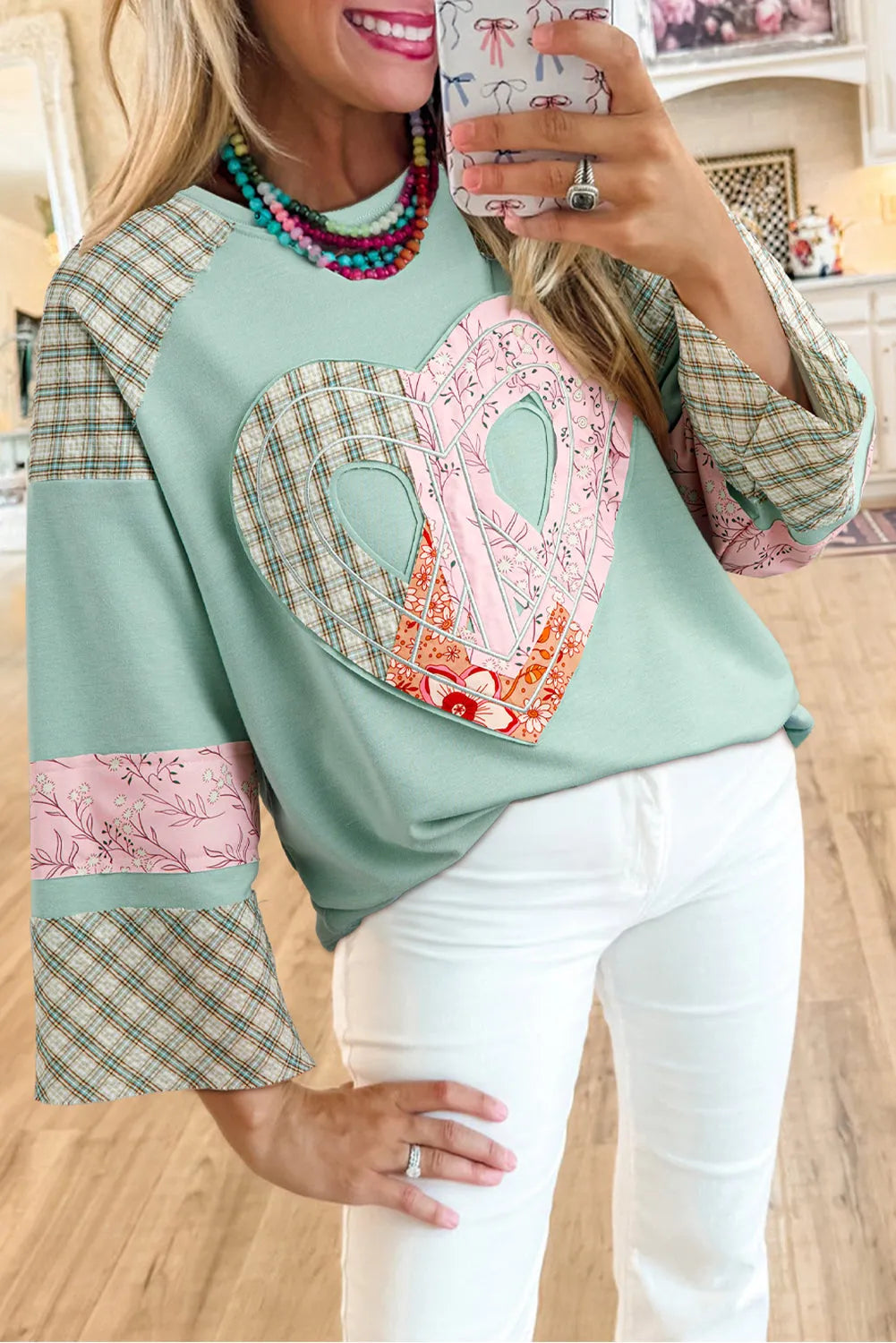 Clearly Aqua Plaid Floral Peace Heart Graphic Wide Long Sleeve Top - Chic Meadow Boutique 