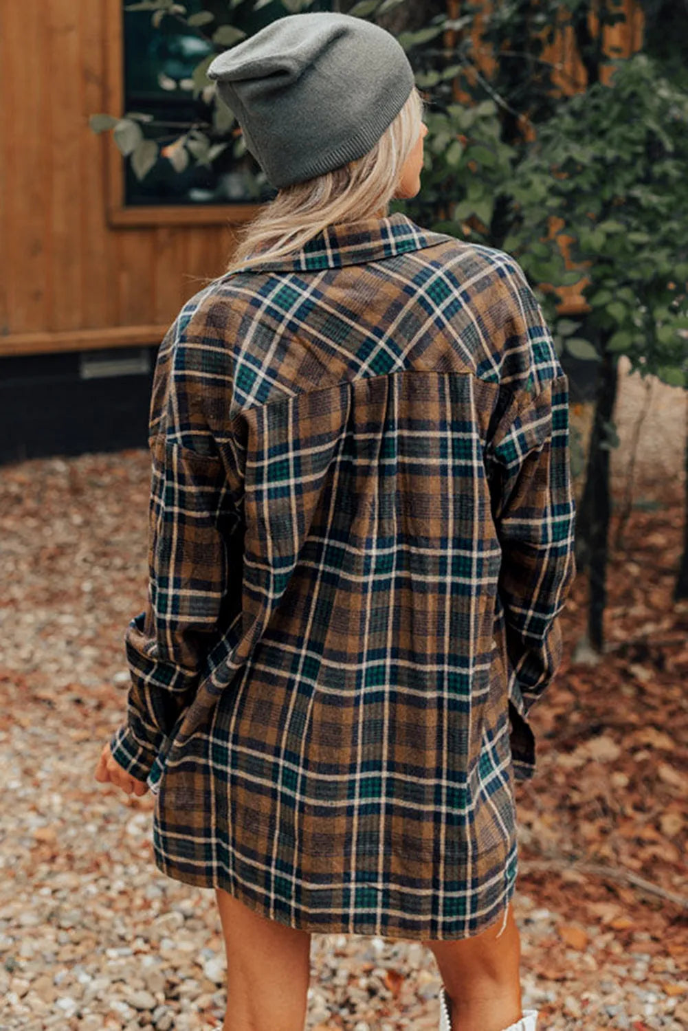 Brown Plaid Print Chest Pockets Buttoned Shirt Jacket - Chic Meadow Boutique 