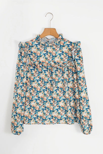 Sky Blue Floral Print Frilled Mock Neck Puff Sleeve Blouse - Chic Meadow Boutique 