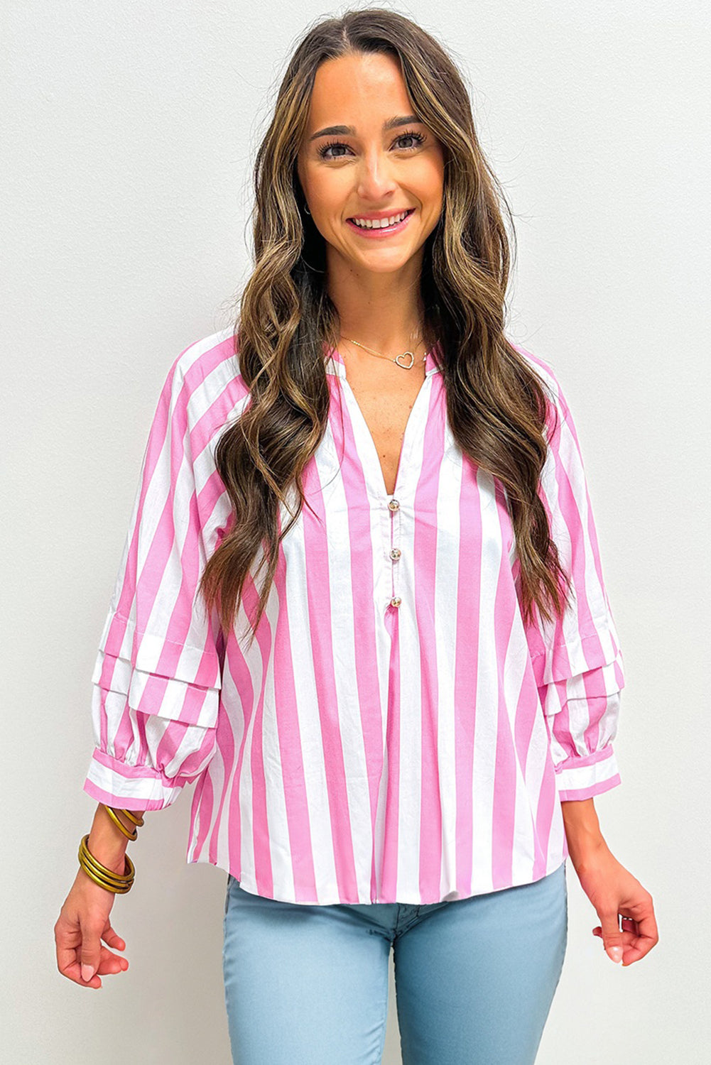 Rose Stripe Split Neck Button Decor Front Puff Sleeve Blouse