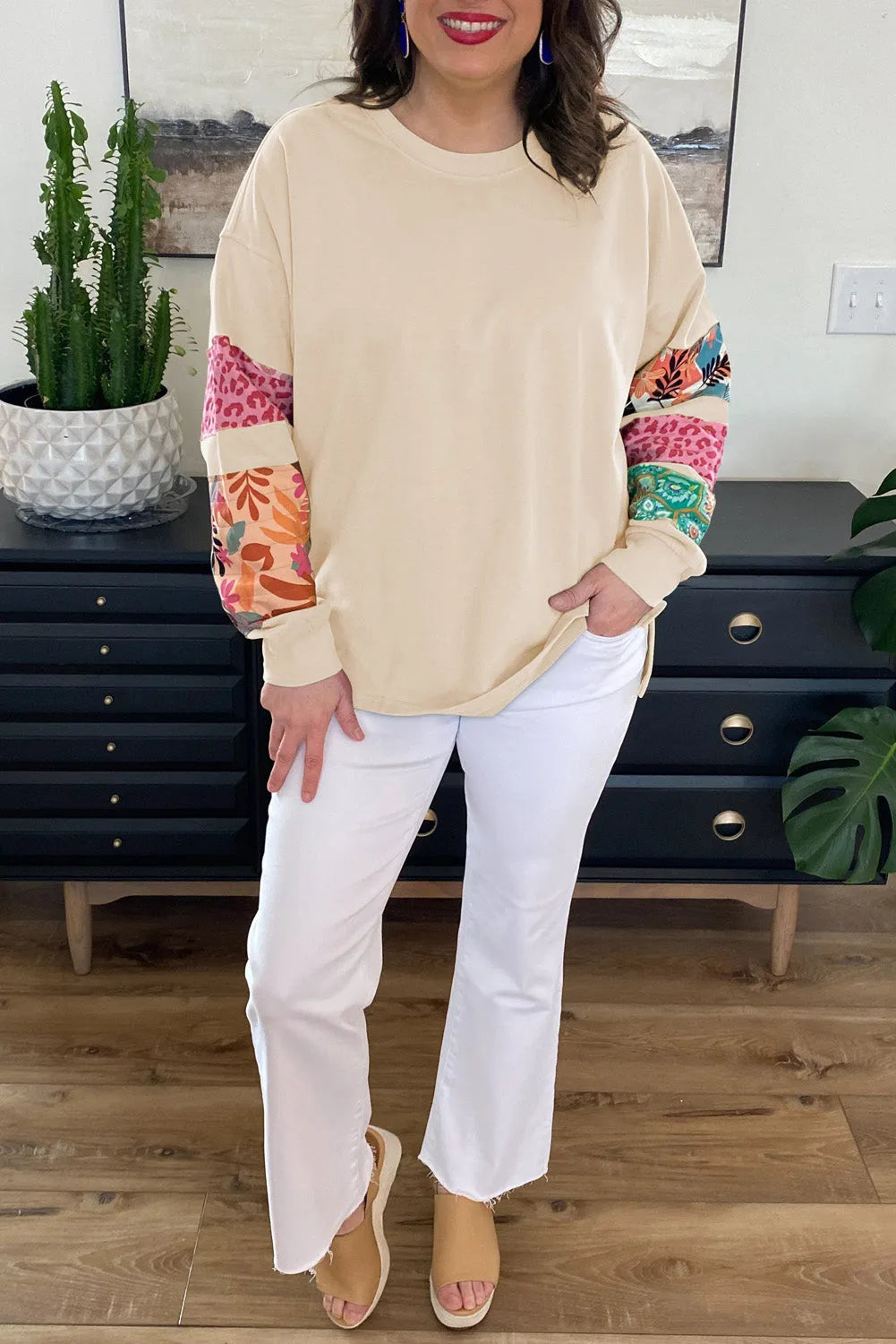 Beige Plus Size Printed Patchwork Sleeve Split Sweatshirt - Chic Meadow Boutique 