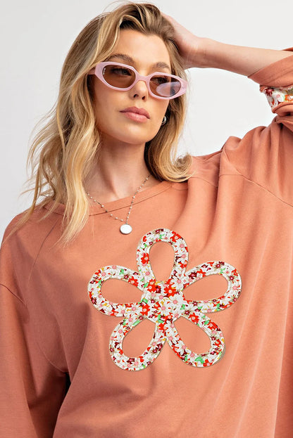 Grapefruit Orange Flower Patch Graphic Exposed Seam Wide Sleeve Top - Chic Meadow Boutique 