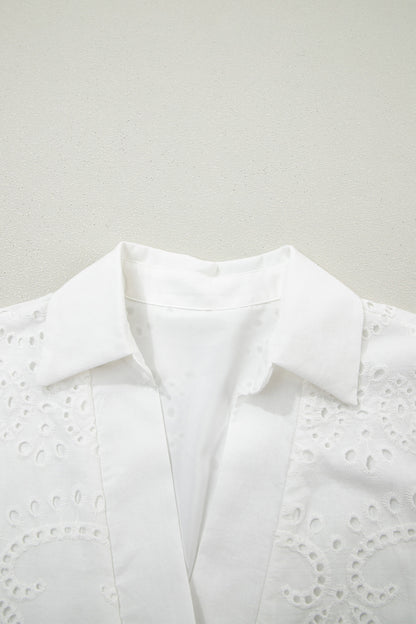 White Solid Color Eyelet Embroidered T Shirt Mini Dress