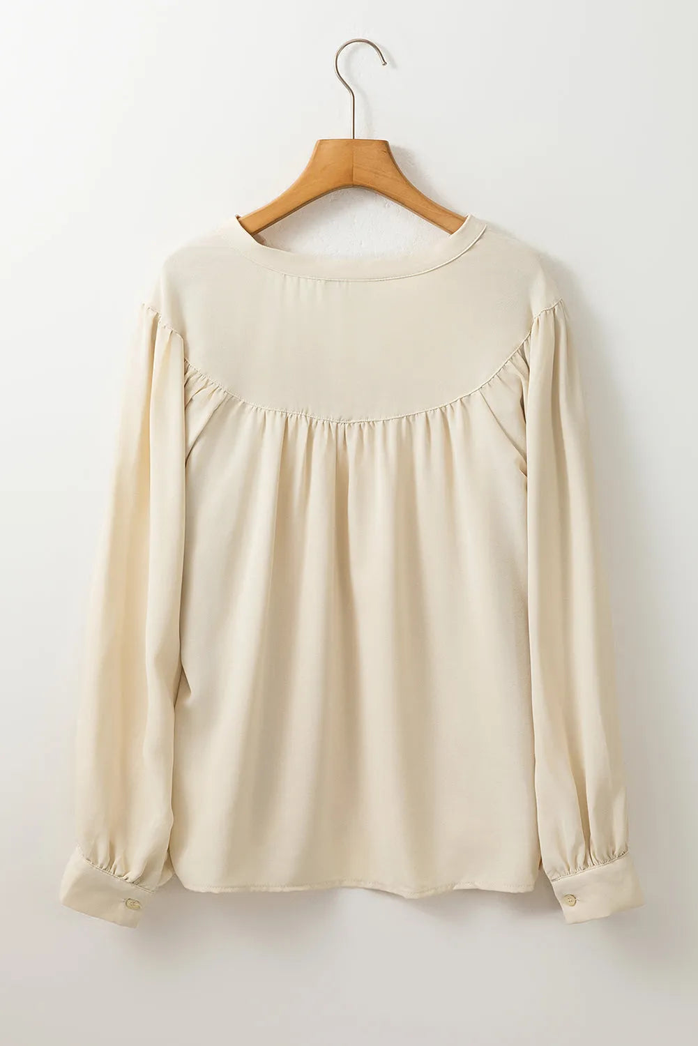 White Solid Color Lantern Sleeve Notched V Neck Blouse - Chic Meadow Boutique 