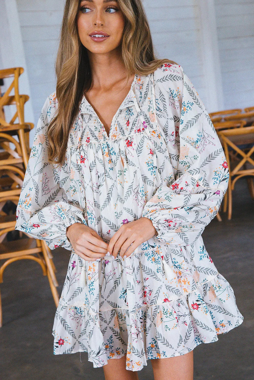 White Tassel Tie Split Neck Boho Floral Ruffle Dress - Chic Meadow Boutique 